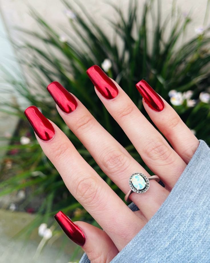 Red Chrome Square Nails
