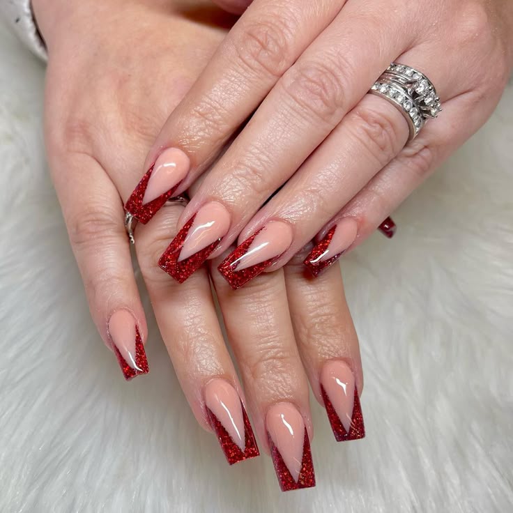 Red French Tips with Glitter