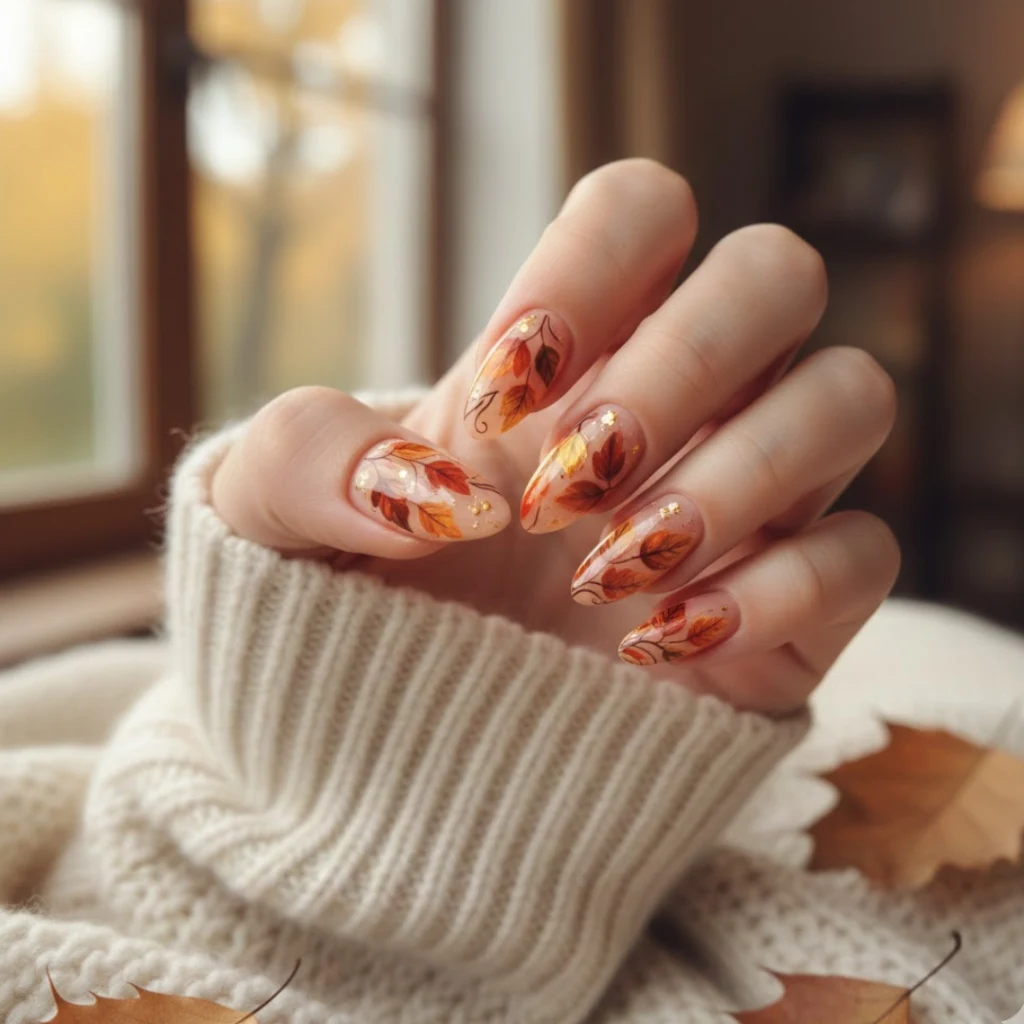 Almond nails with fall leaf nail art on a nude base.