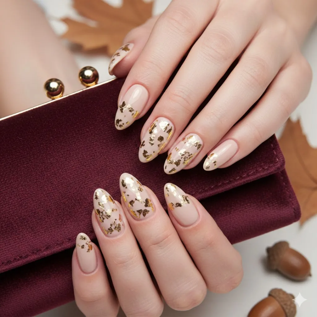 Almond nails with gold foil accents and a glossy fall finish.