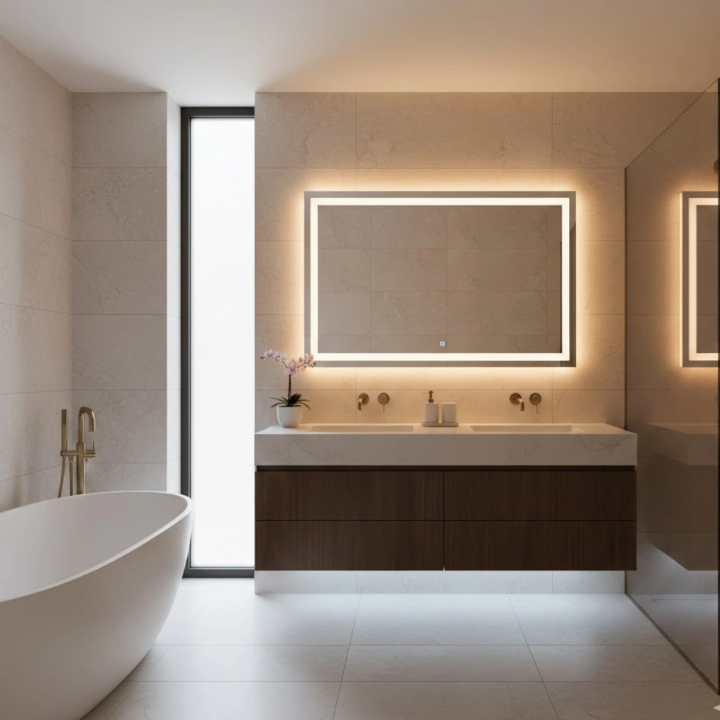 Backlit LED mirror adding soft lighting to a modern bathroom.