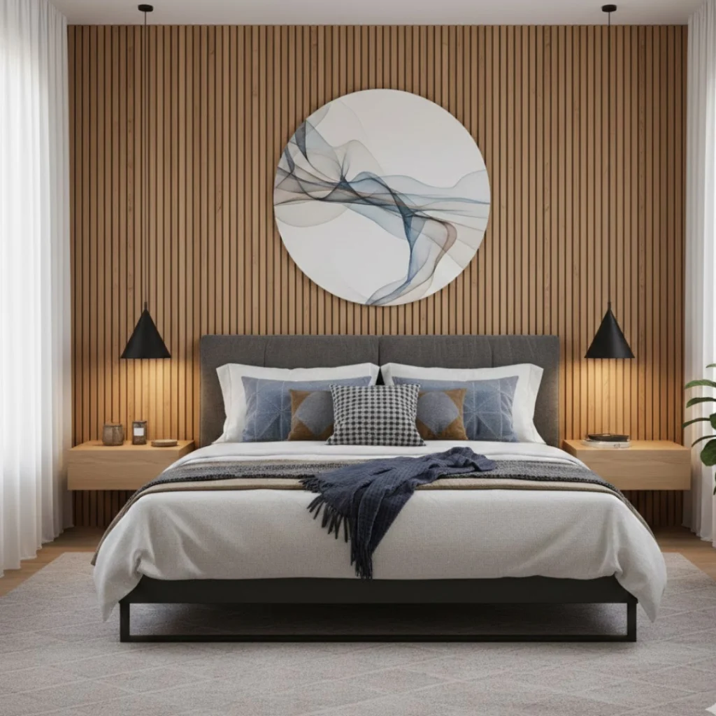 Bedroom featuring modern accent wall behind the bed. 
