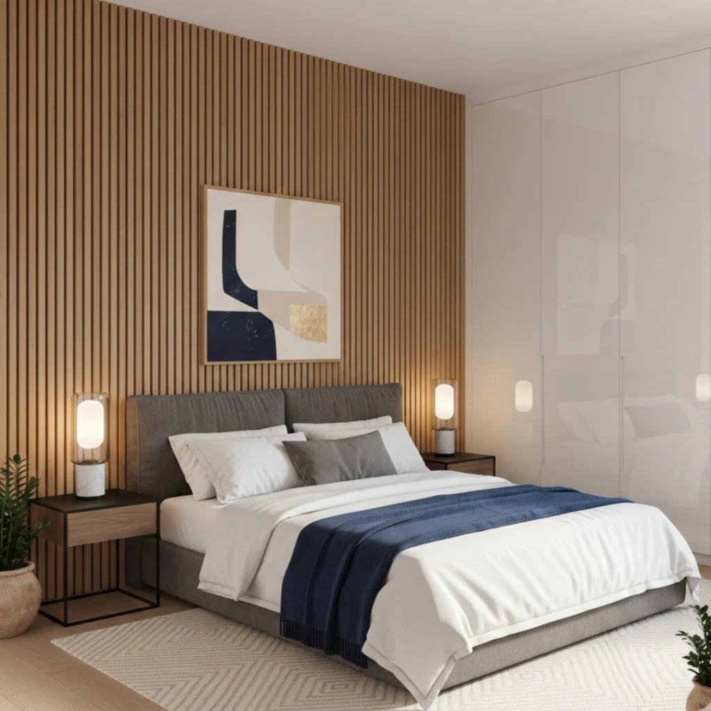 Bedroom featuring modern accent wall behind the bed.