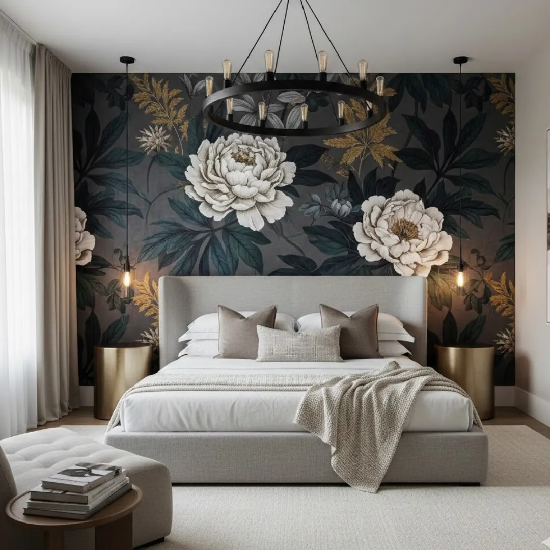 Bedroom with bold floral wallpaper as a statement feature.
