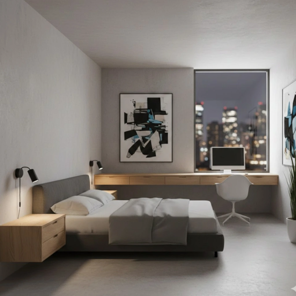 Bedroom with floating furniture for a modern minimal look.