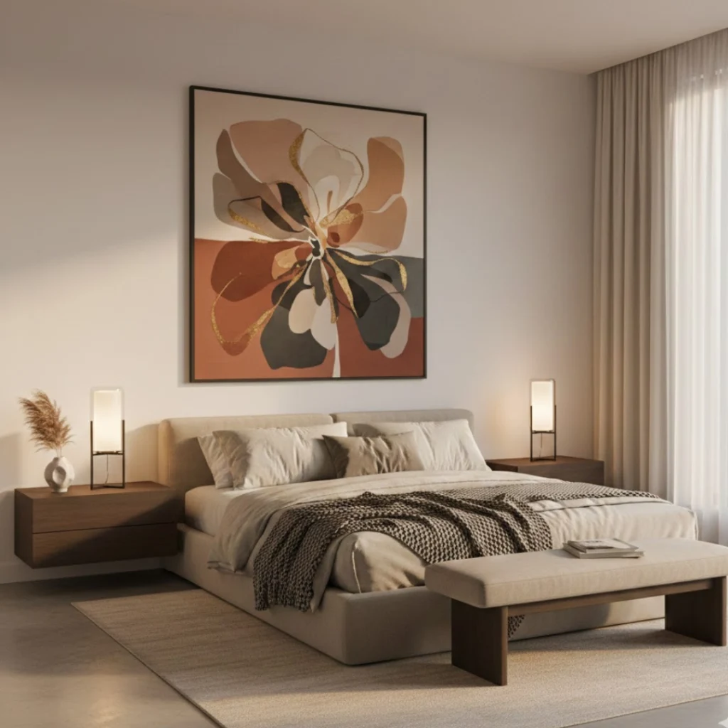 Bedroom with large statement art piece as focal point.