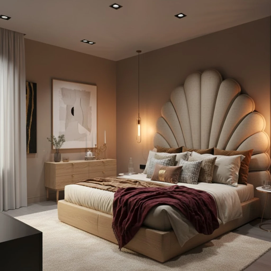 Bedroom with large statement headboard and minimalist décor.