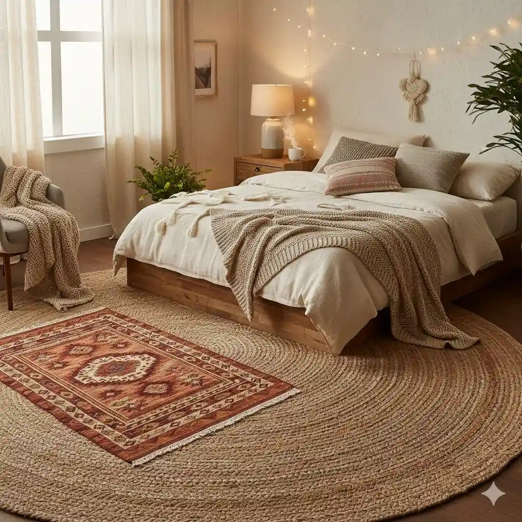 Bedroom with layered rugs creating a cozy, textured floor look.