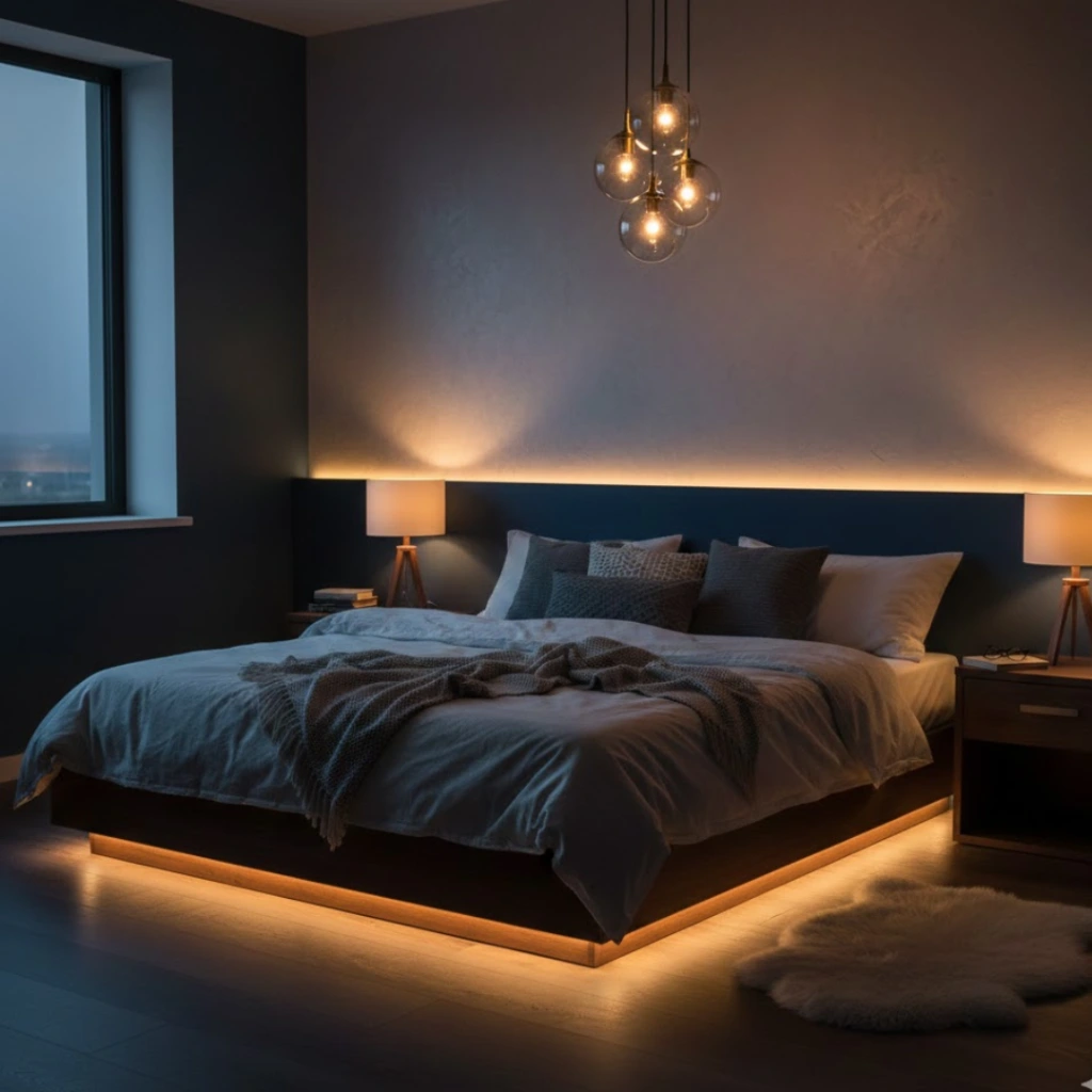 Bedroom with warm layered lighting for a cozy glow.
