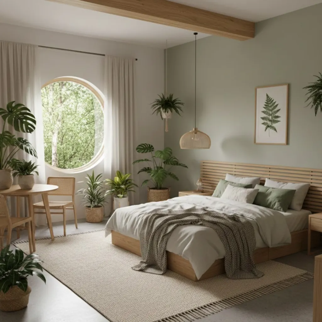 Biophilic bedroom with indoor plants and natural textures.