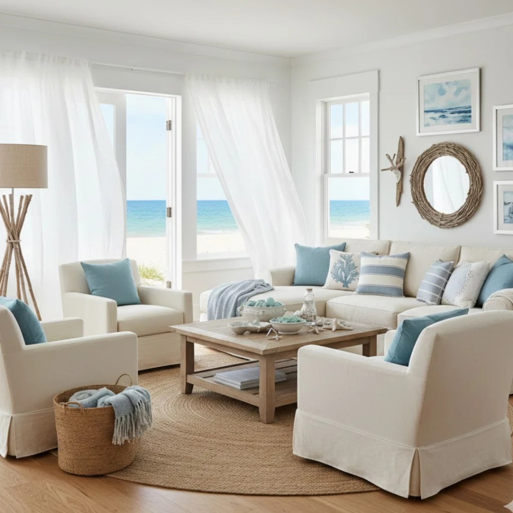 Blue and cream coastal-style living room with light, airy décor.