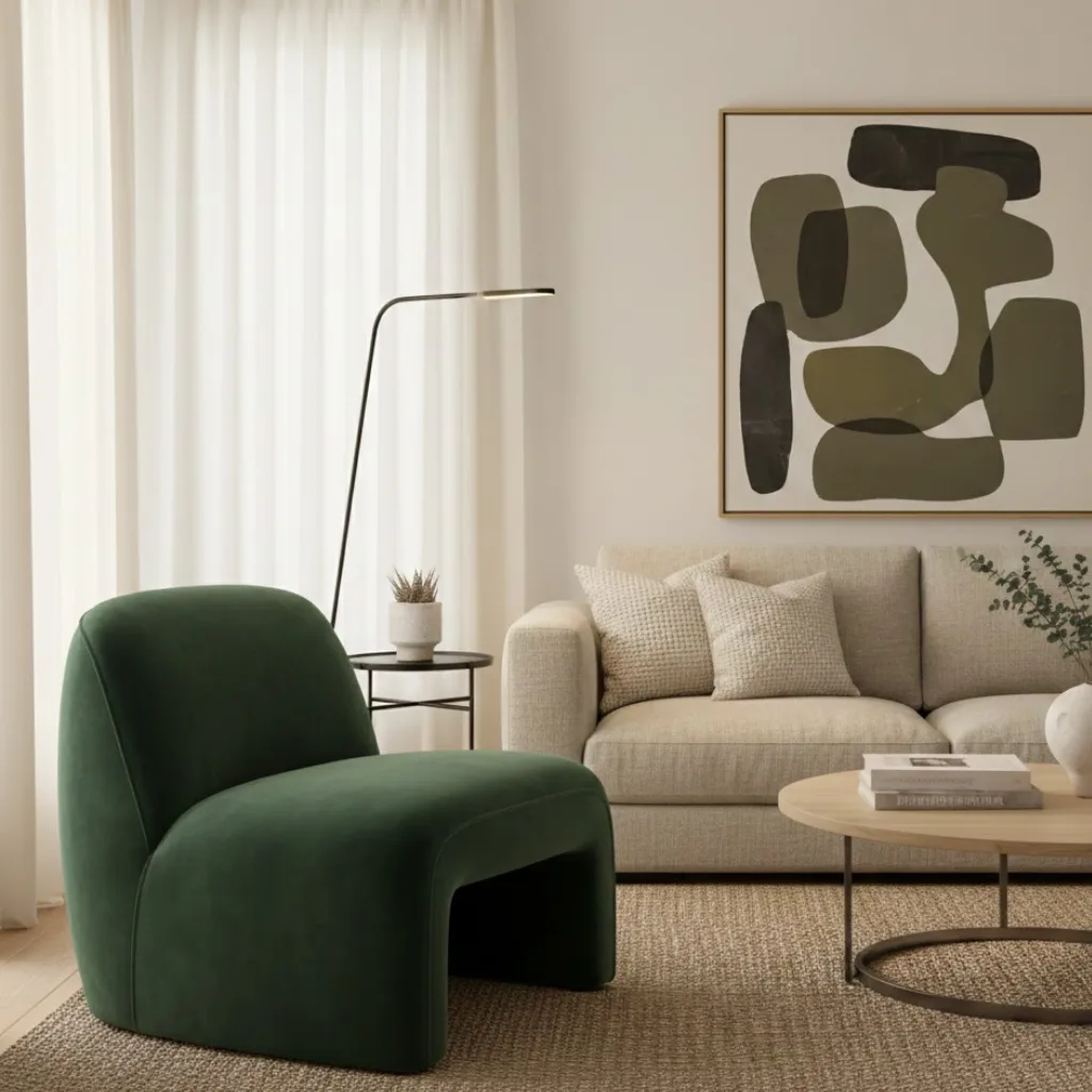 Bold green accent chair adding color to a modern living room.