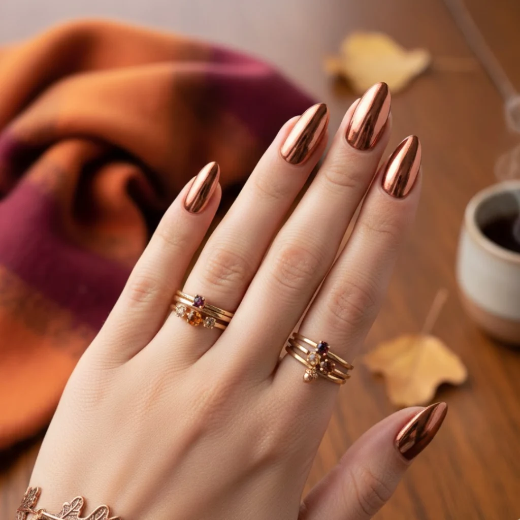 Bronze chrome almond nails with shiny metallic finish.