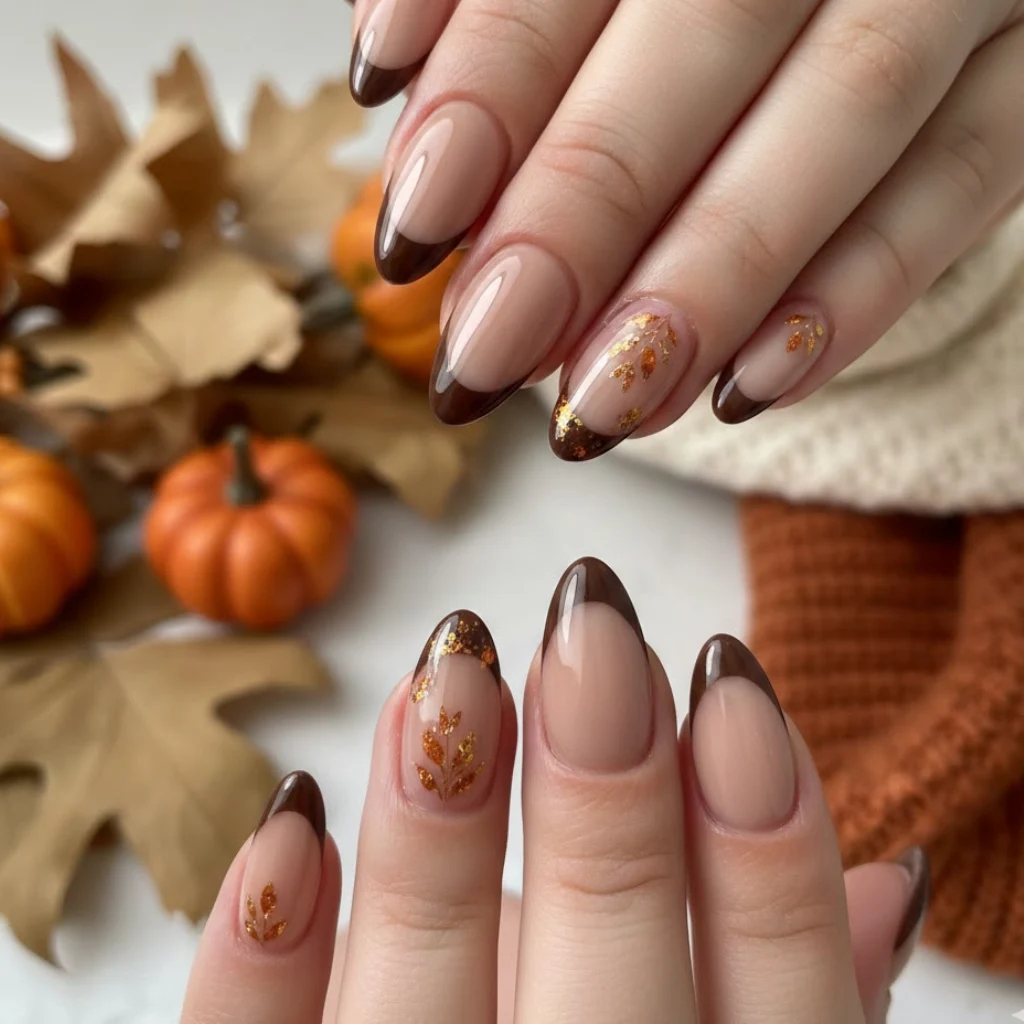 Brown French tip almond nails with a clean autumn look.