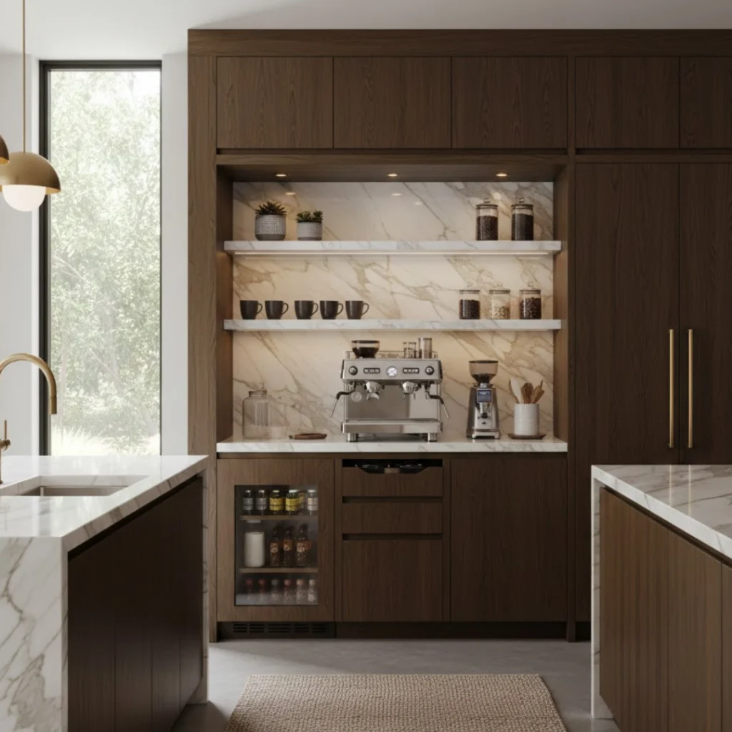 Built-in kitchen coffee station with espresso machine