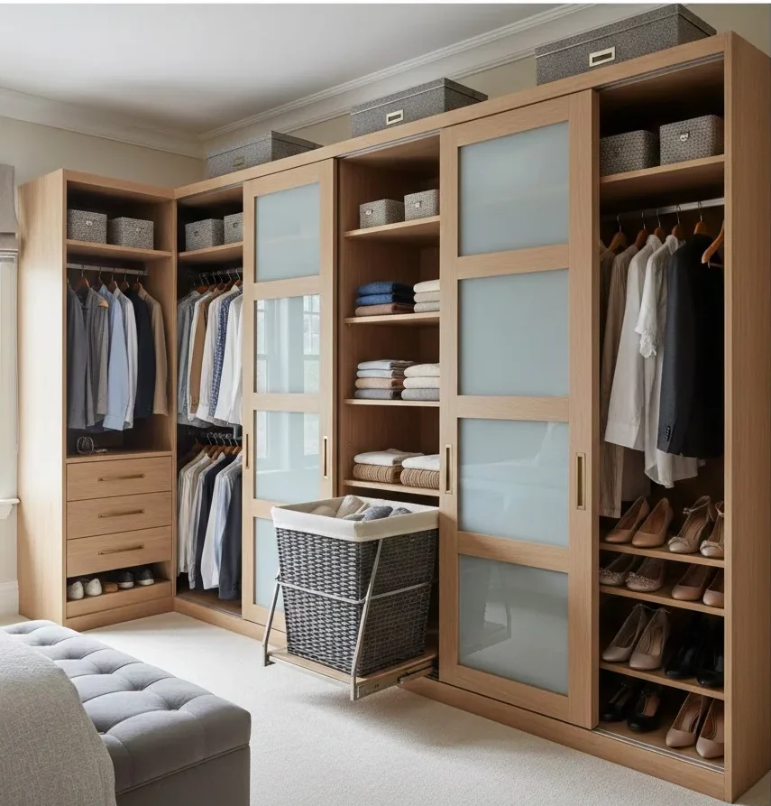 Built-in laundry basket inside a modern bedroom wardrobe.