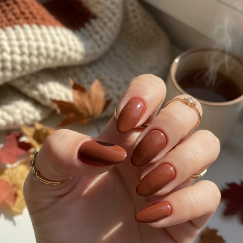 Burnt red almond nails with a glossy fall-inspired finish.