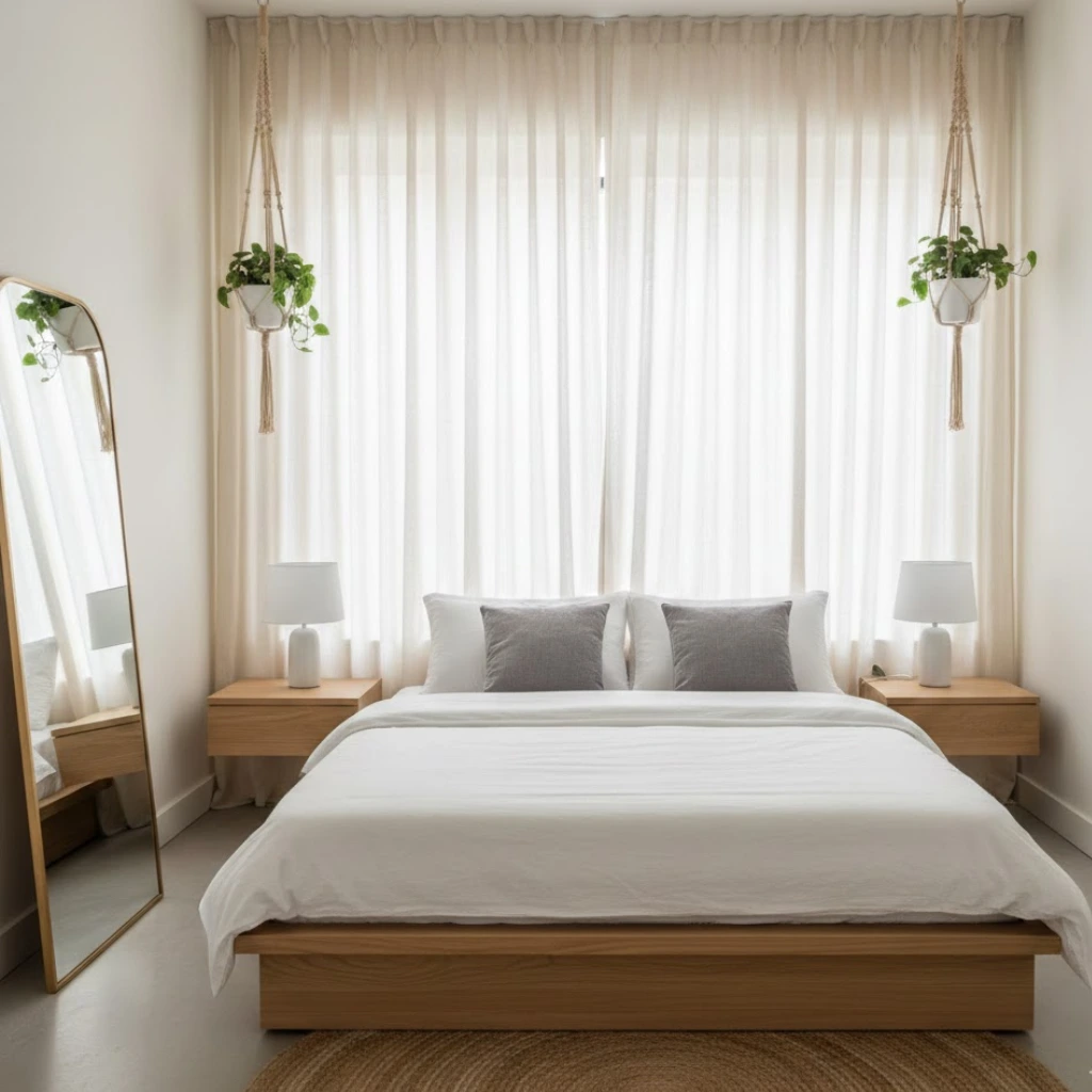 Ceiling-to-floor curtains making a small bedroom feel taller