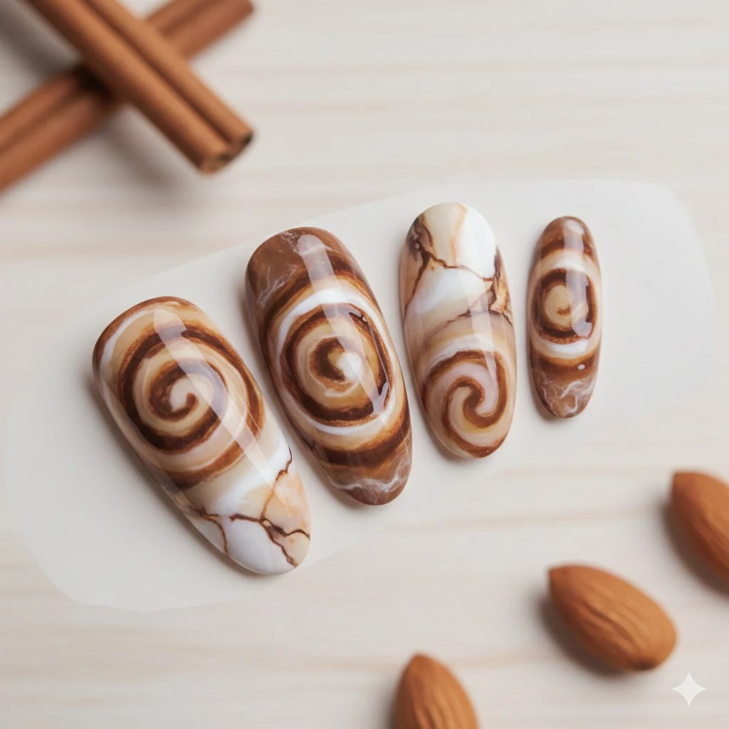 Cinnamon swirl almond nails with cozy marbled fall tones.