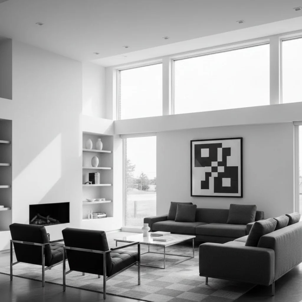 Classic black and white living room with modern clean styling.