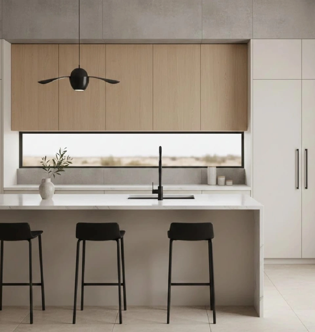 Clean lines and symmetrical layout in a modern kitchen.