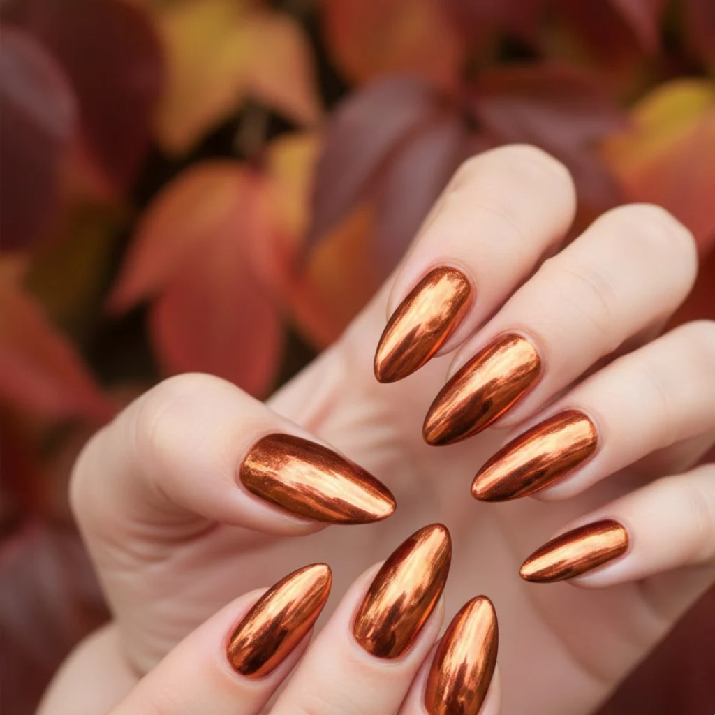Copper chrome almond nails with rich metallic shine.