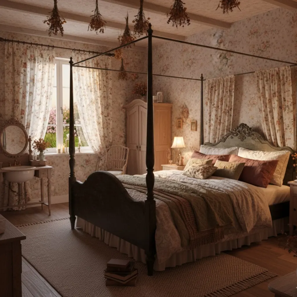 Cozy cottagecore bedroom with soft florals and vintage décor.