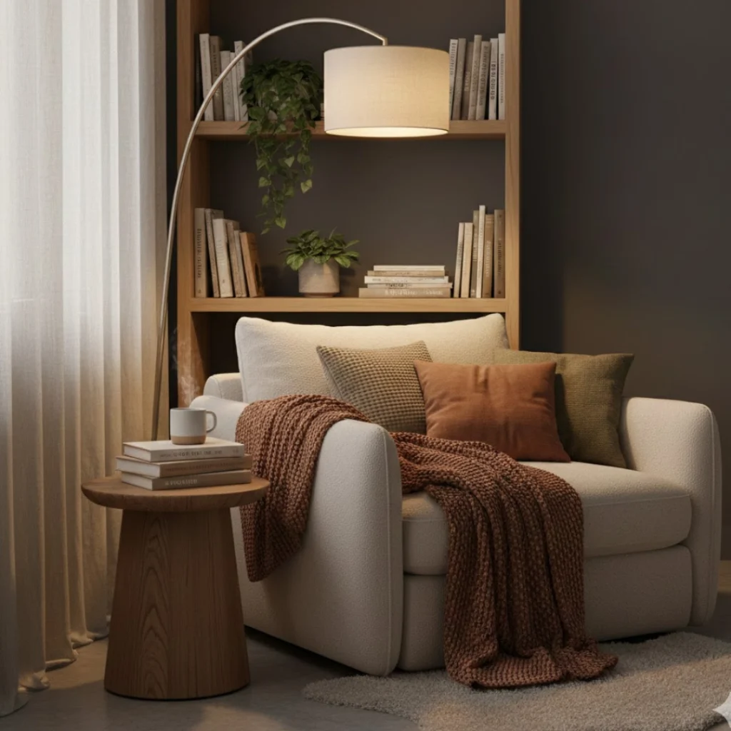 Cozy reading corner with a small accent chair, lamp, and side table.