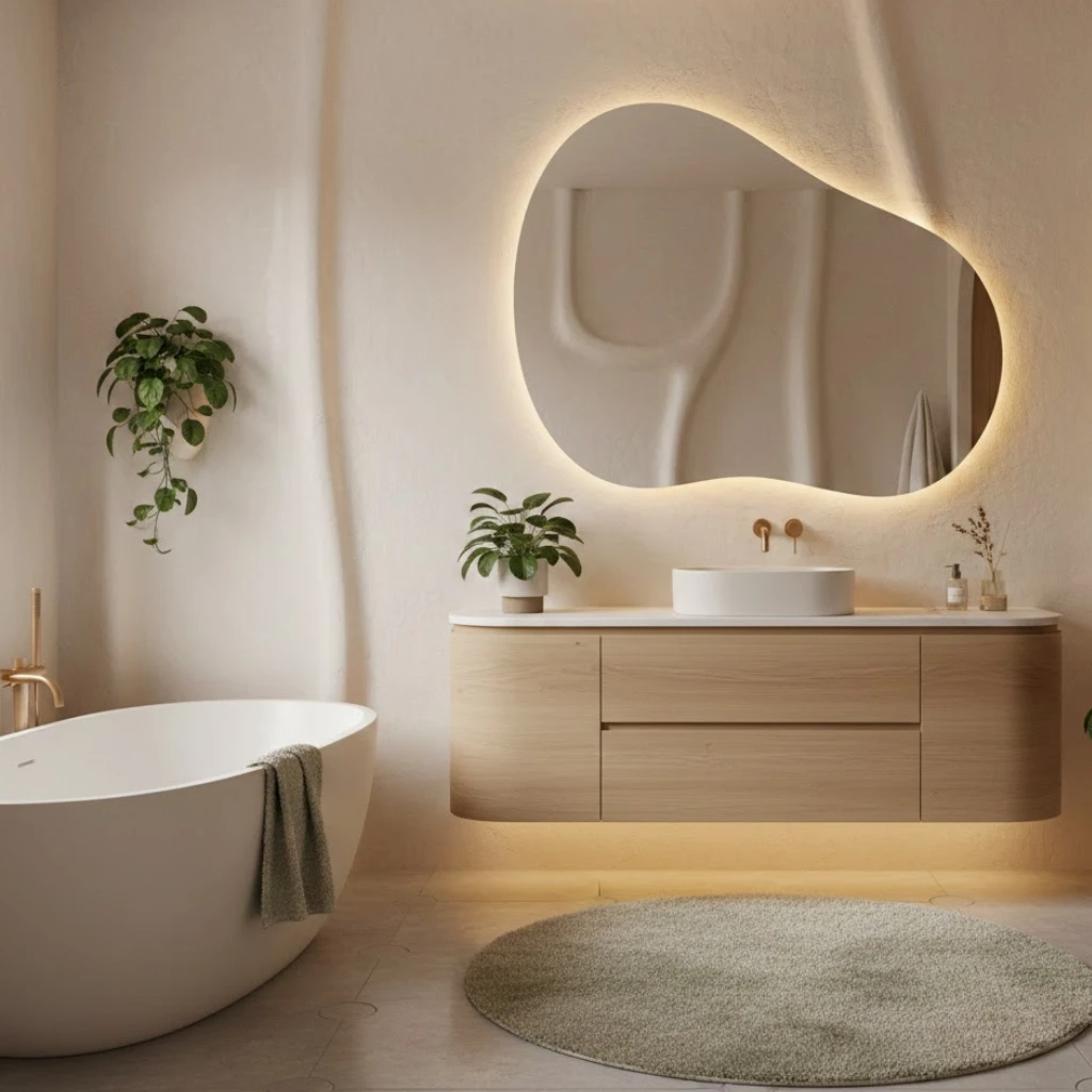 Curved bathroom elements creating a soft and relaxing design.
