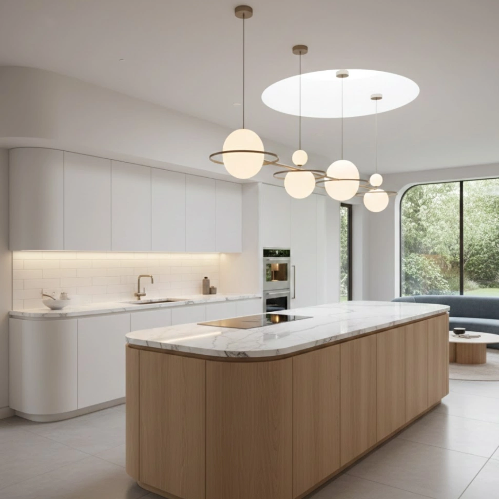 Curved kitchen island and soft edge cabinetry in luxury kitchen