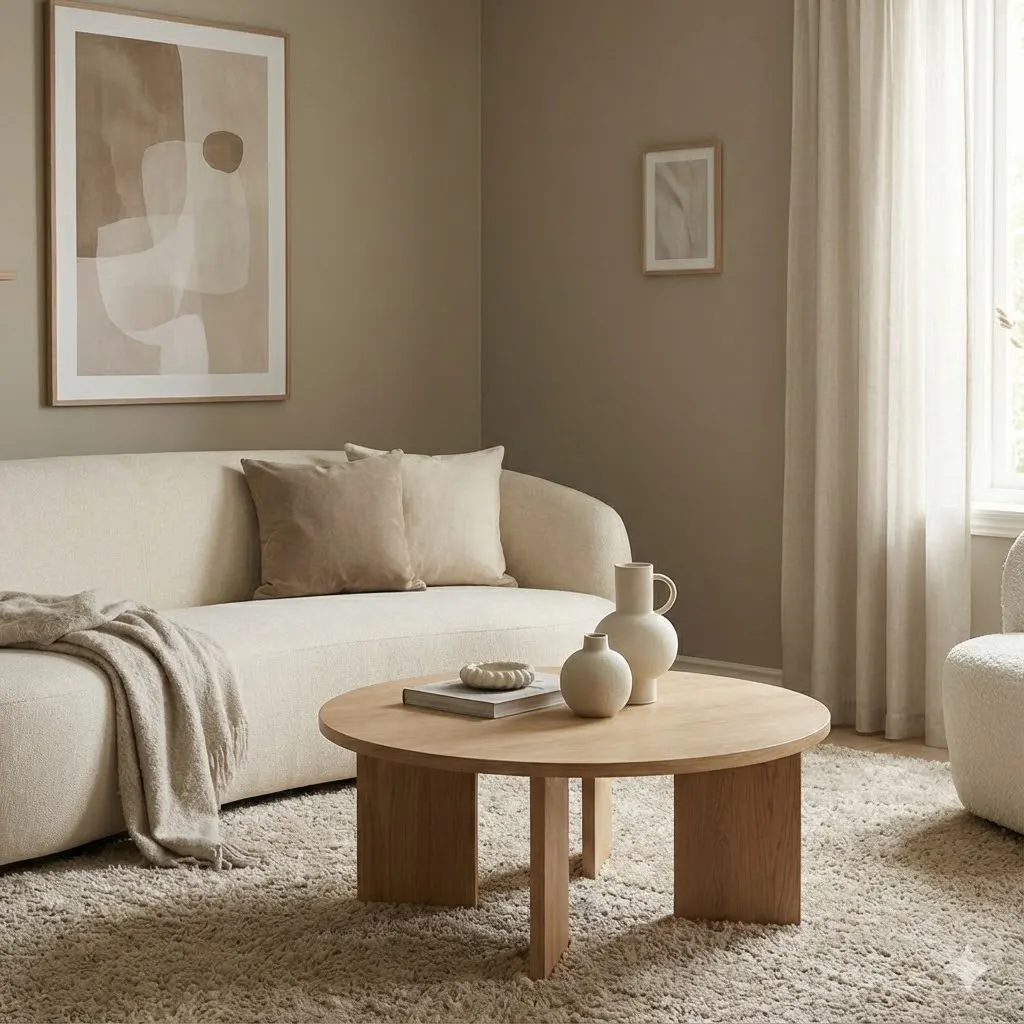 Curved sofa and rounded furniture creating a cozy, modern small living room design.