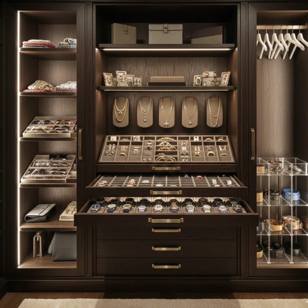 Custom jewelry and accessory storage inside a luxury wardrobe.