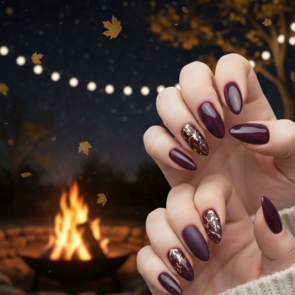Dark plum almond nails with a rich velvety finish.