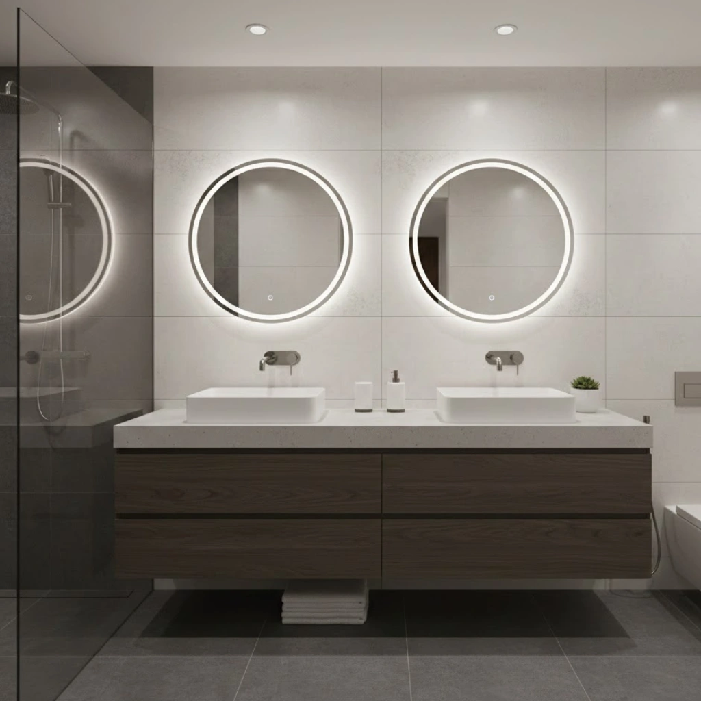 Dual sink vanity for a functional and modern shared bathroom.