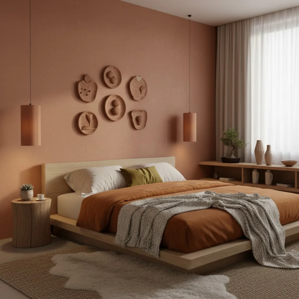 Earth-toned sanctuary bedroom with terracotta accents and natural textures.