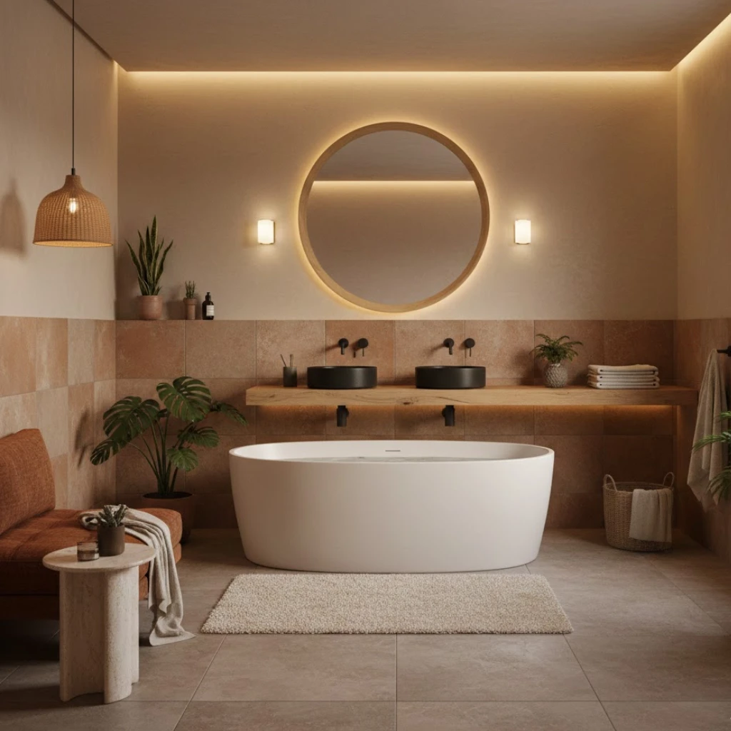 Earthy color palette creating a warm and modern bathroom design.