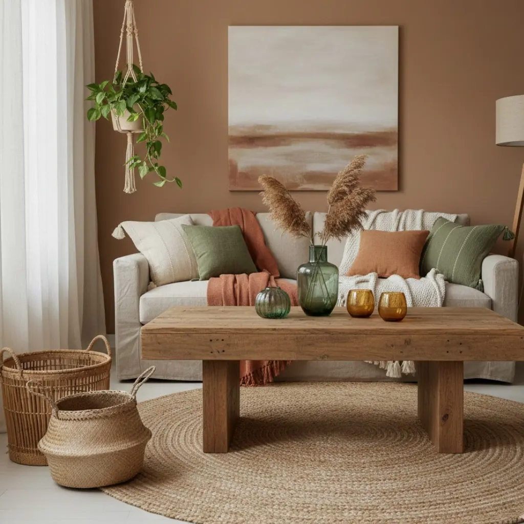 Eco-friendly living room decor using sustainable materials like wood, jute, and bamboo.