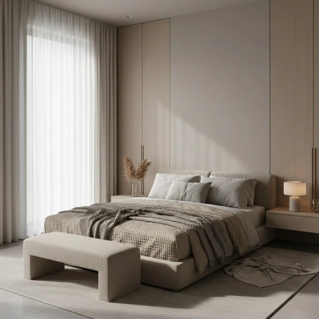 Elegant neutral bedroom with warm greige tones and minimal décor.