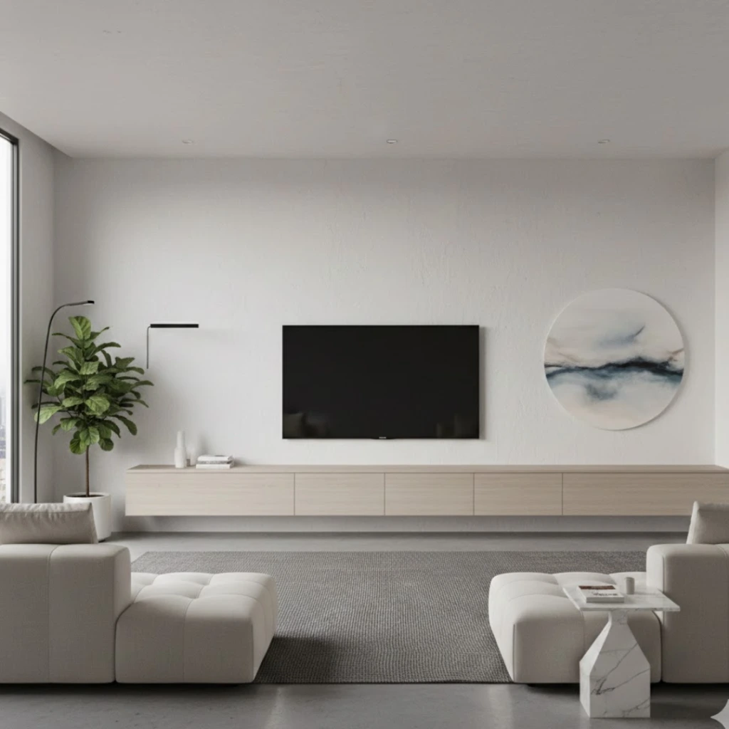 Floating media unit mounted on the wall in a modern living room.