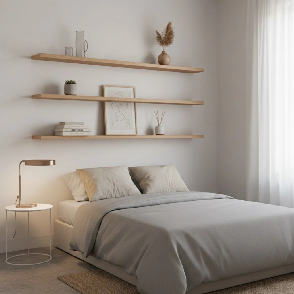 Floating shelves providing storage without clutter in a small bedroom