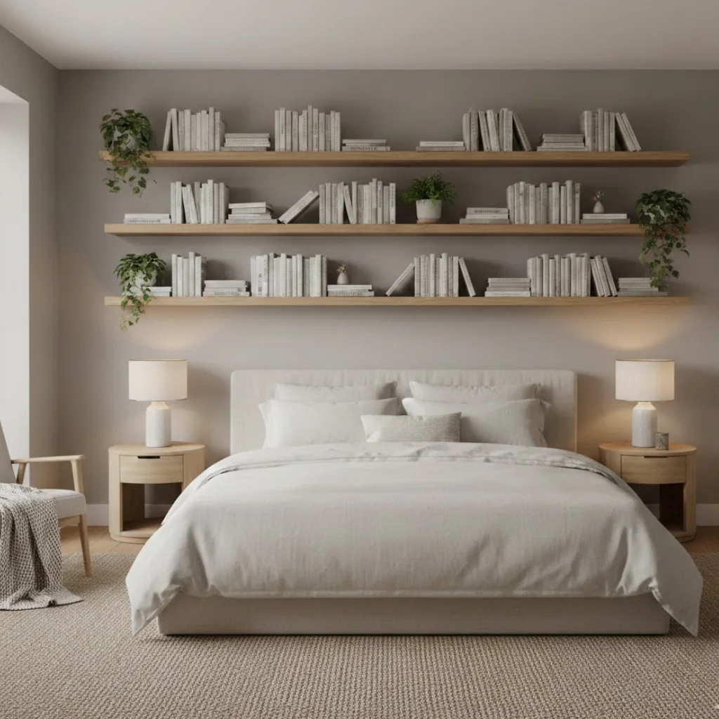 Floating wooden shelves providing storage in a neutral bedroom