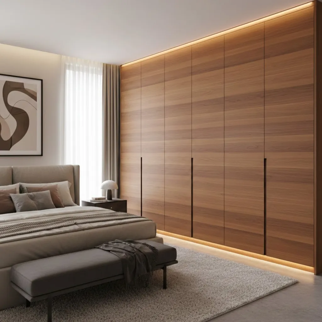 Floor-to-ceiling fitted wardrobe maximizing storage in a modern master bedroom.