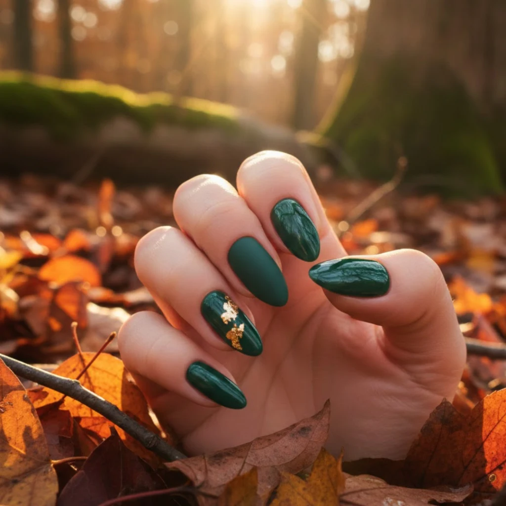 Forest green almond nails with gold foil accents for a bold fall look.