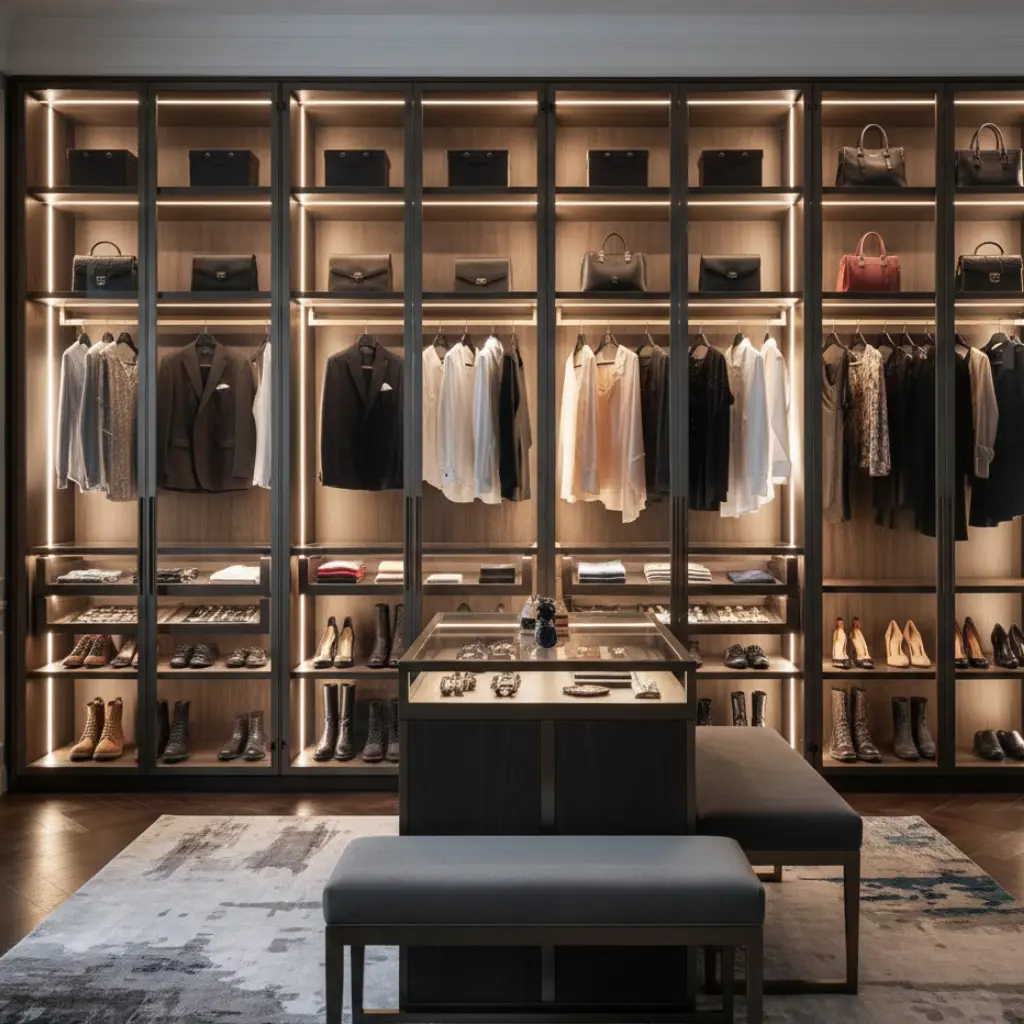 Glass panel wardrobe with soft LED lighting for a luxury bedroom look.