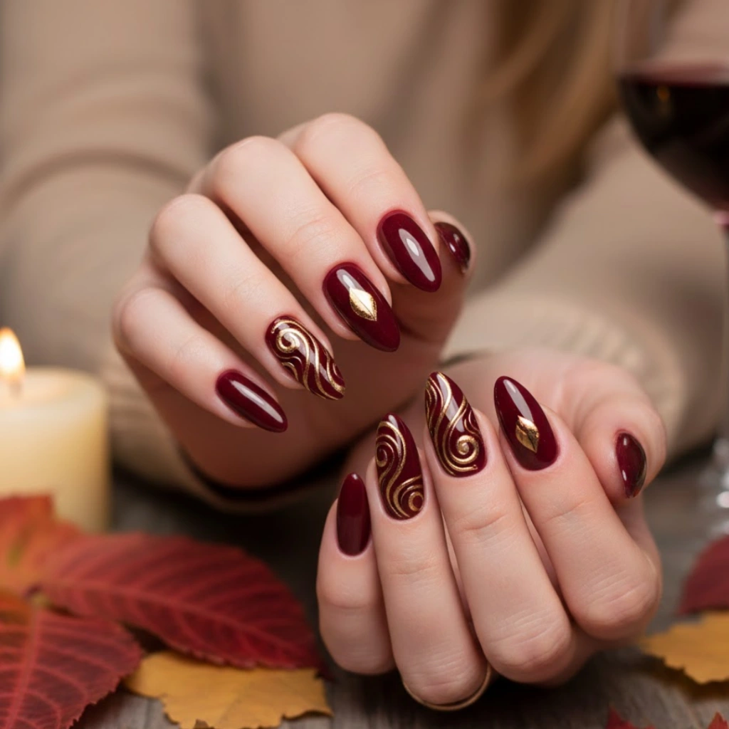 Glossy burgundy wine almond nails with elegant gold details.