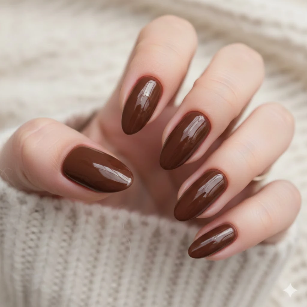 Glossy chocolate brown almond nails with a rich fall-inspired finish.