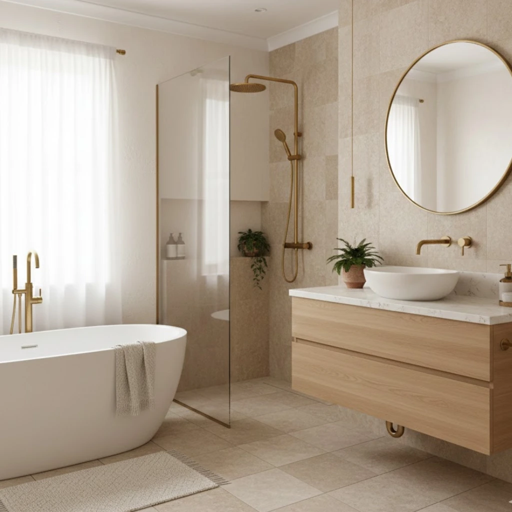 Gold and brass bathroom fixtures adding luxury and warmth.