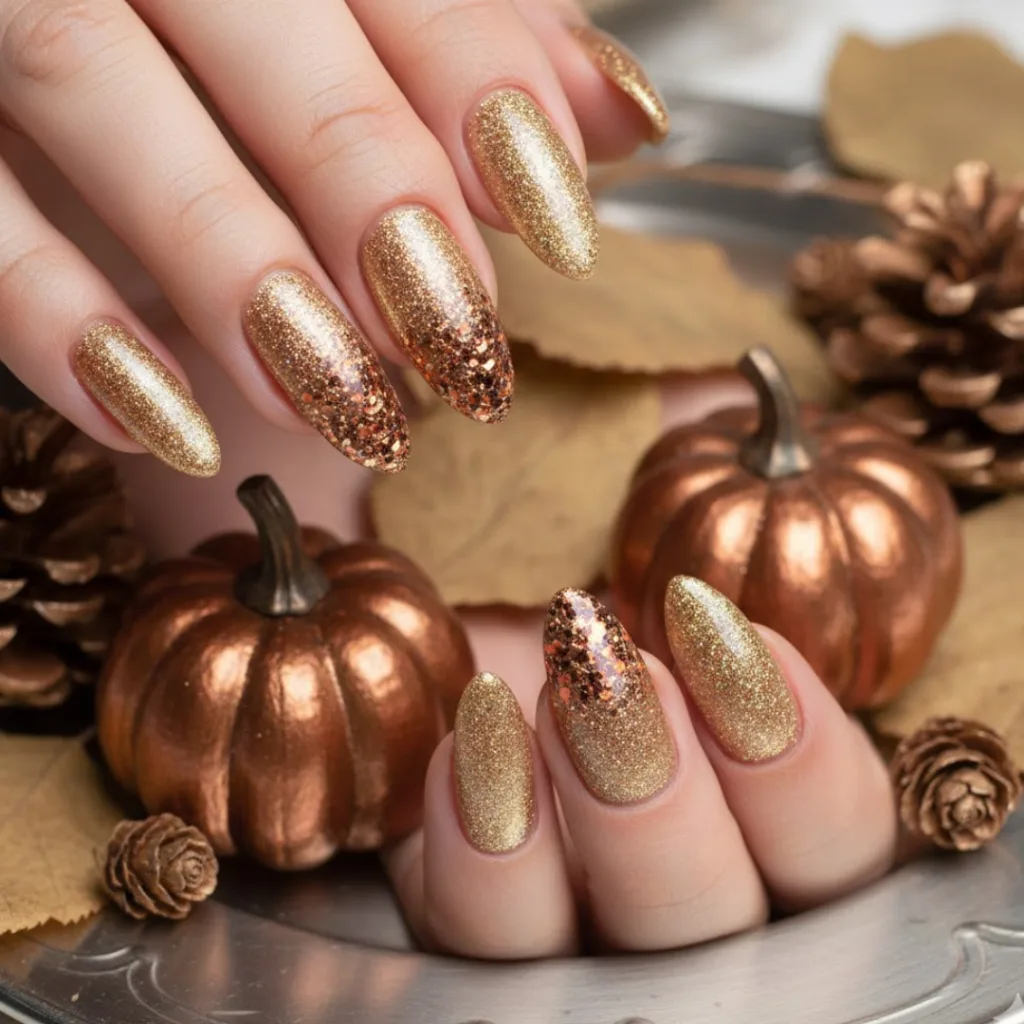 Gold glitter almond nails with sparkling fall shimmer.