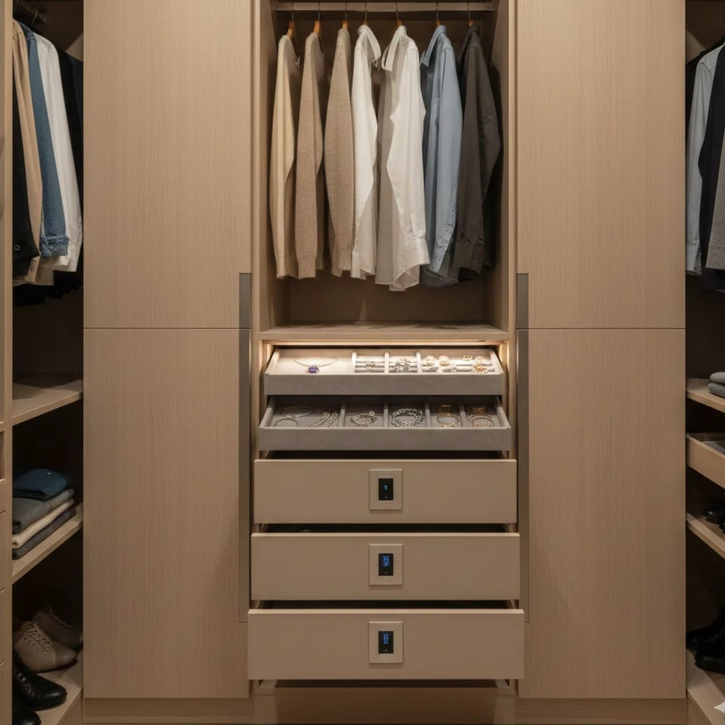 Hidden storage drawers inside a modern bedroom wardrobe.