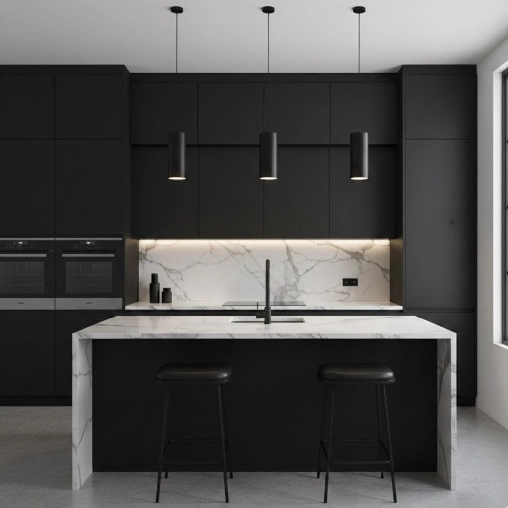 High-contrast black and white modern luxury kitchen